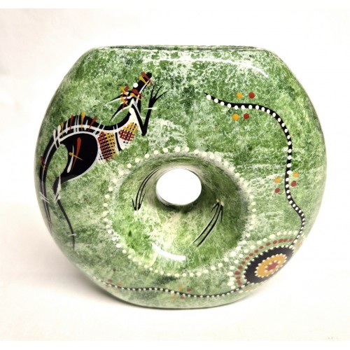 Green Tanilba Vase featuring traditional Aboriginal art designs. Green Tanilba Vase featuring traditional Aboriginal art designs.