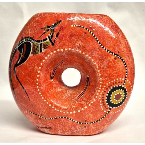 Red Tanilba Vase featuring traditional Aboriginal art designs. Red Tanilba Vase featuring traditional Aboriginal art designs.