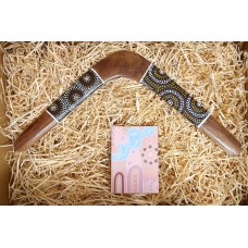 Painted "comeback" hunting killer boomerang. Dot art design, black wattle timber. Collectors item. HB-103-P-3 Painted "comeback" hunting killer boomerang. Dot art design, black wattle timber. Collectors item. HB-103-P-3